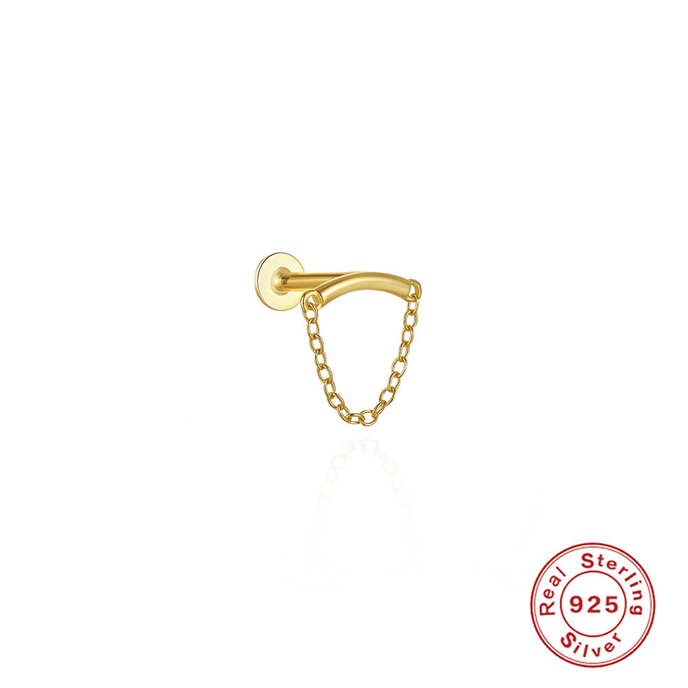 S925Sterling Silver Tassel Pearl Double Chain Piercing Ear Bone Stud Earrings Hot Selling Creative Minimalist Style Earrings