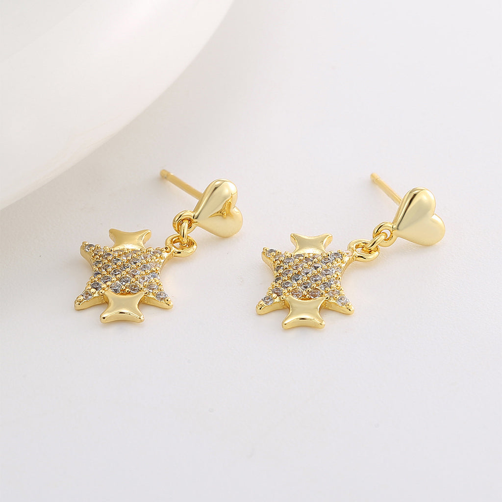 E0746 Korean Style Fashion Heart Earrings for Women Shiny Star Zirconia Earrings
