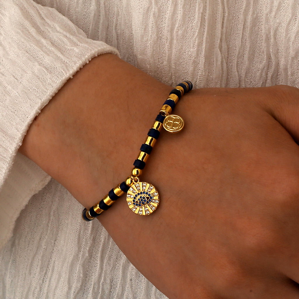 B0275 Vintage Demon Eye Inlaid Zircon Beaded Trendy Lapis Lazuli Bracelet Fashion