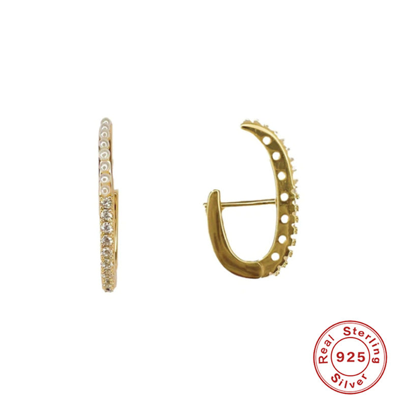 S925Sterling Silver Layered C Exaggerated Creative Style Earrings with Dense Studs and Claw Setting Double Steel Wire Hoop Earrings