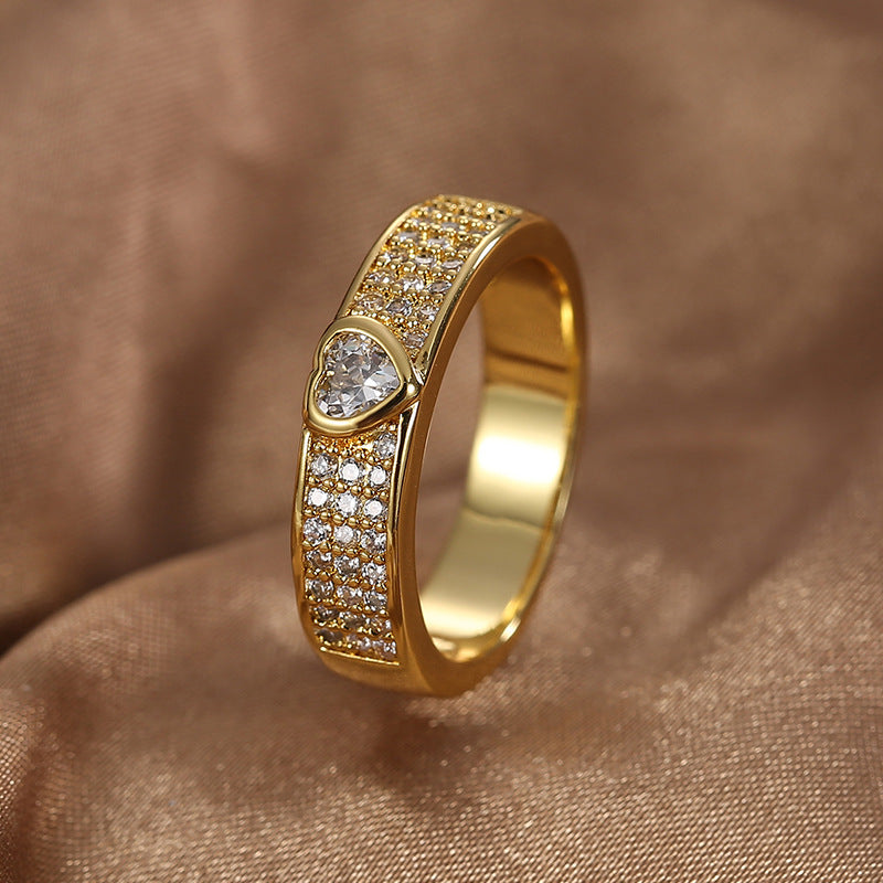 R0354 Fashion Ring for Women Brass Gold-Plated Simple Heart-Shaped Zircon Ring