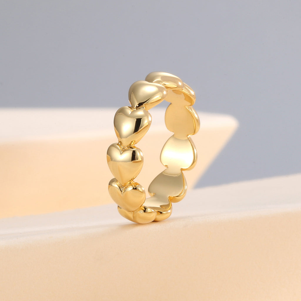 R0294 Fashionable Elegant Smooth Heart Connected Ring for Women Copper Plated with Real Gold