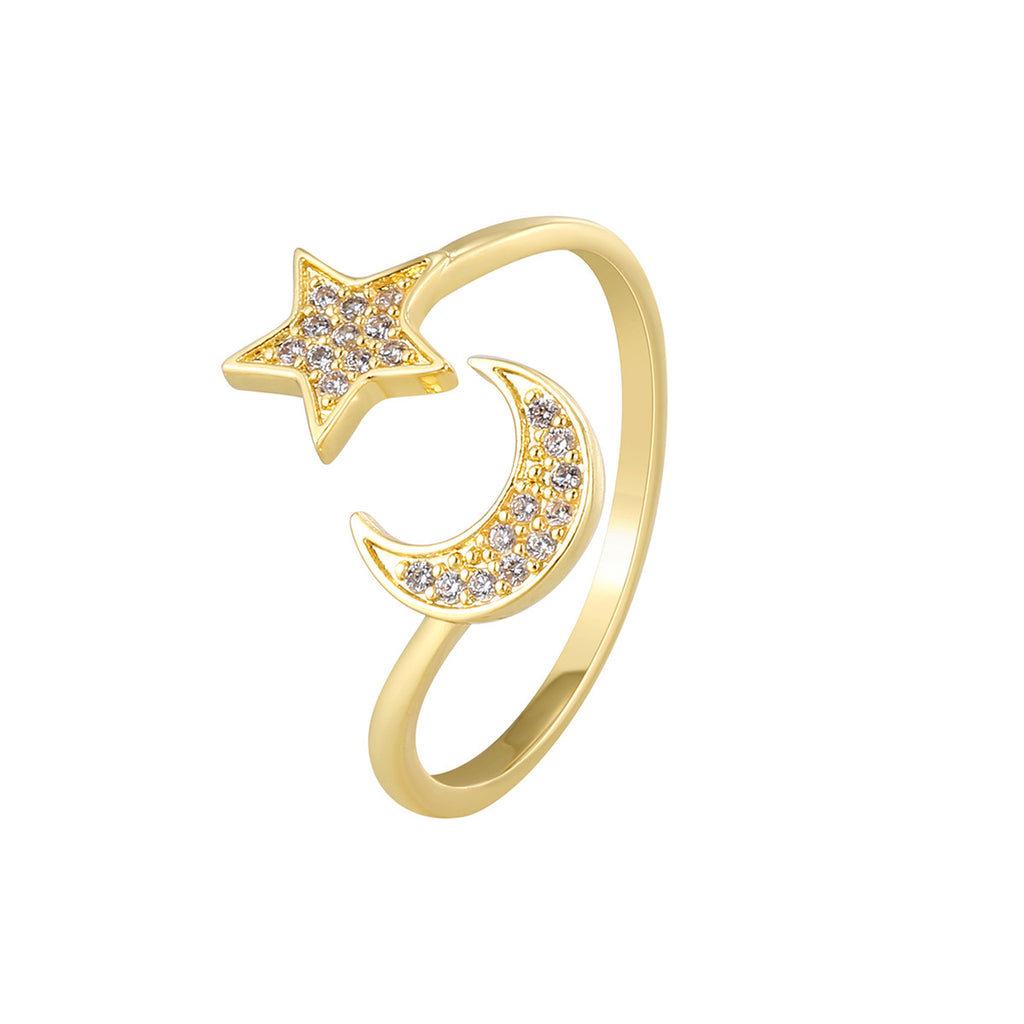 R0676 Star and Moon Inlaid Zircon Ring for Women, New Open Adjustable Tail Ring