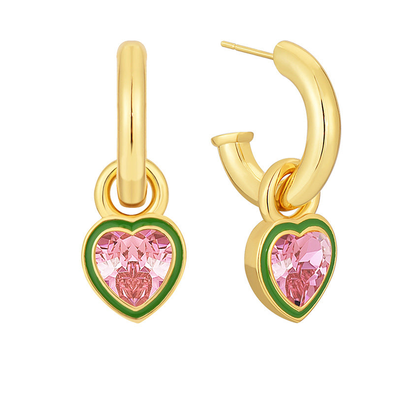E0631 Fashionable Simple Epoxy Inlaid Heart-Shaped Pink Zircon Earrings for Women