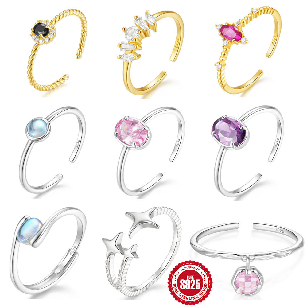 New Product S925Sterling Silver Ring Japanese and Korean Design Sense Geometric Zircon Ring Fashion Open Index Finger Ring