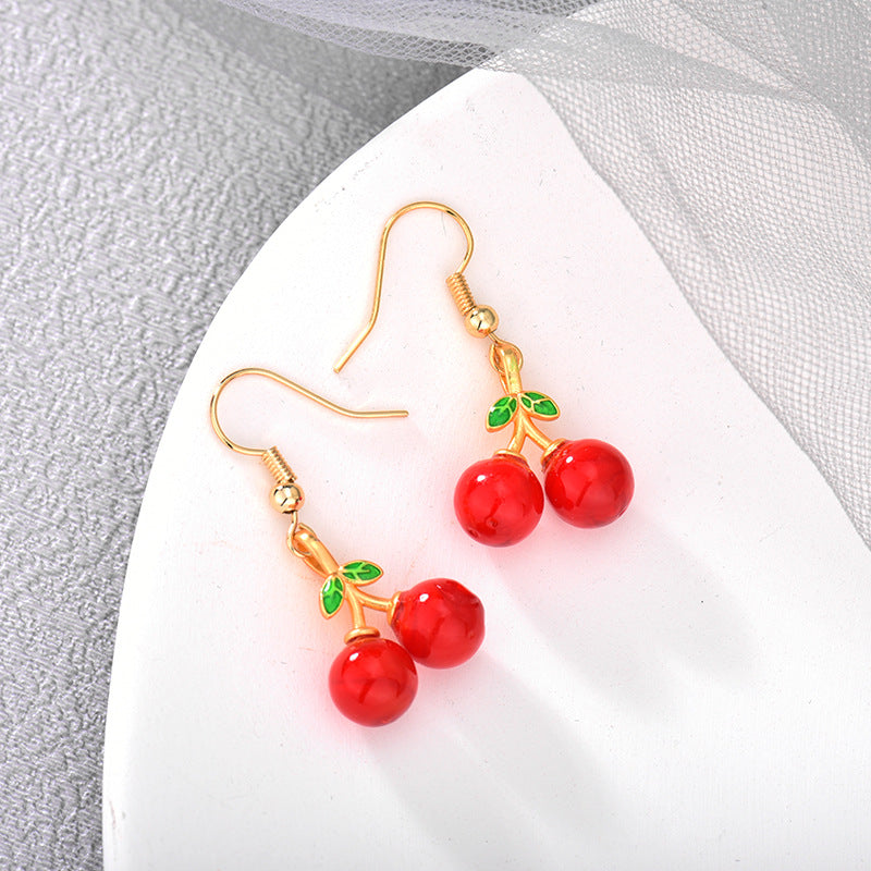 E0258 Korean Style Sweet Little Chanel Red Cherry Hook Earrings for Women Gold-Plated Fashion Simple Epoxy Long Earrings