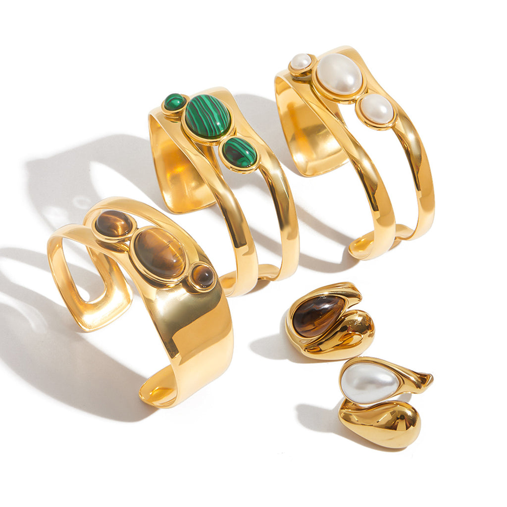 Natural Stone Hollow Open Bracelet for Women, Non-Fading Jewelry, Stainless Steel Ring Accessories