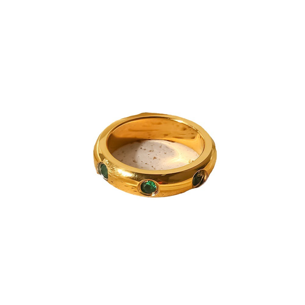18K Gold Stainless Steel Inlaid Green Zircon Women's Fashion Versatile Ring