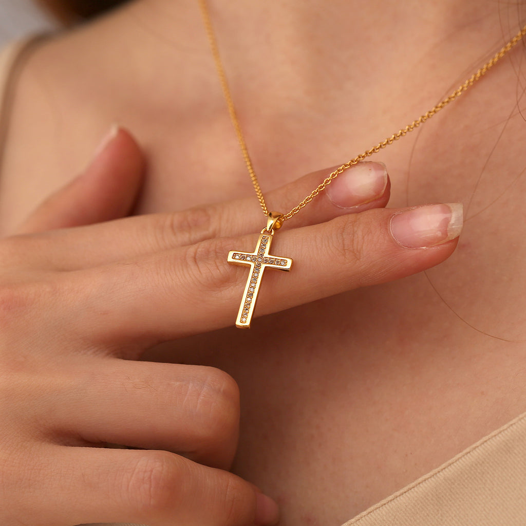 N0313 American Style Inlaid Diamond Cross Zircon Necklace for Men Copper Plated18K Gold Pendant Double Layer Clavicle Chain