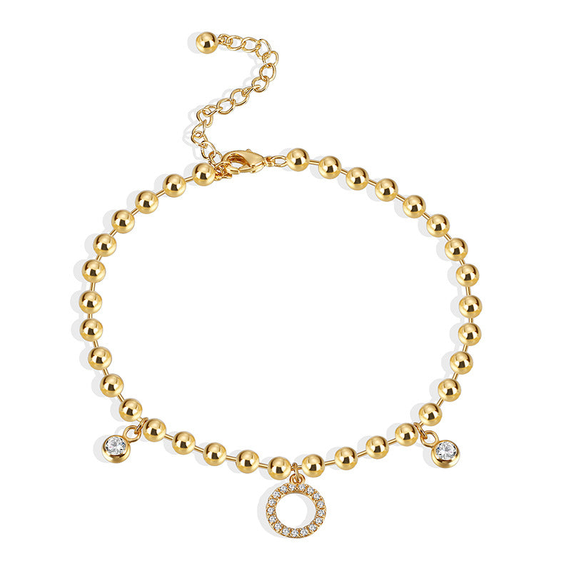 A0030 gold Round Bead Chain Inlaid Zircon Anklet for Women Simple and Cool Micro Inlaid White Zircon Foot Jewelry