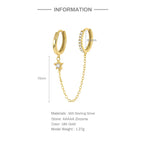 S925Sterling Silver Double Hoop Chain Connected Five-Pointed Star Inlaid Diamond Pendant Hoop Earrings Trendy Exaggerated Ear Jewelry