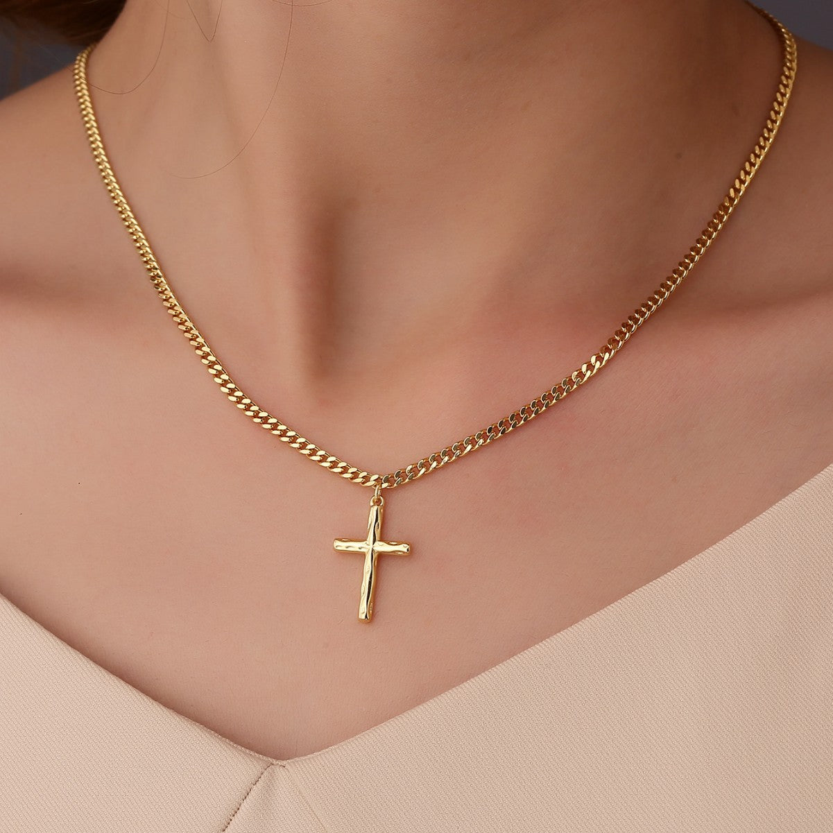 N0271 Brass Gold-Plated Vintage Design Hammered Cross Pendant for Women, Gold and Silver Two-Tone Optional Pendant