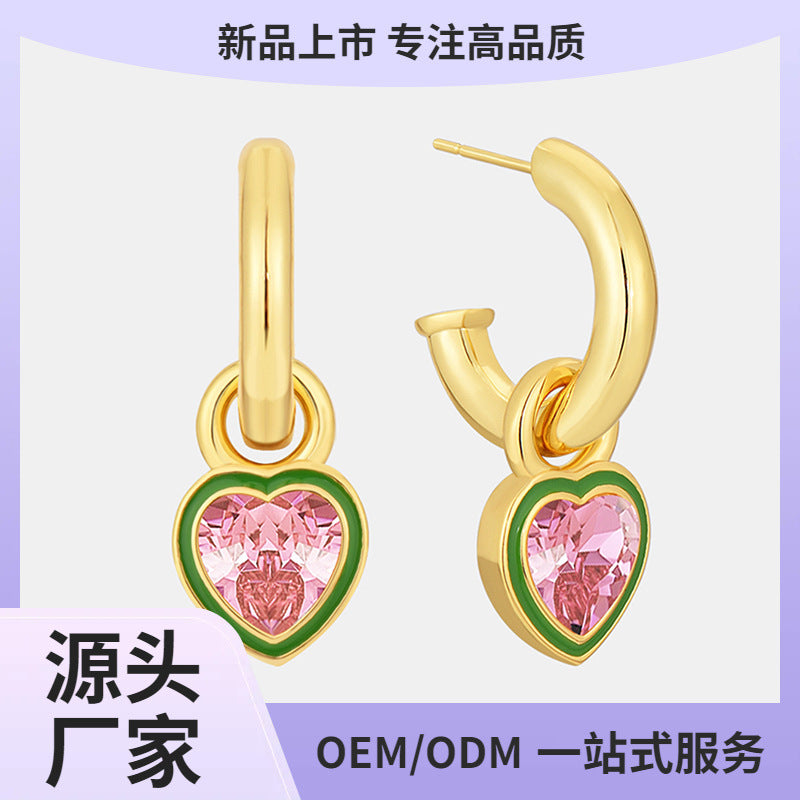 E0631 Fashionable Simple Epoxy Inlaid Heart-Shaped Pink Zircon Earrings for Women