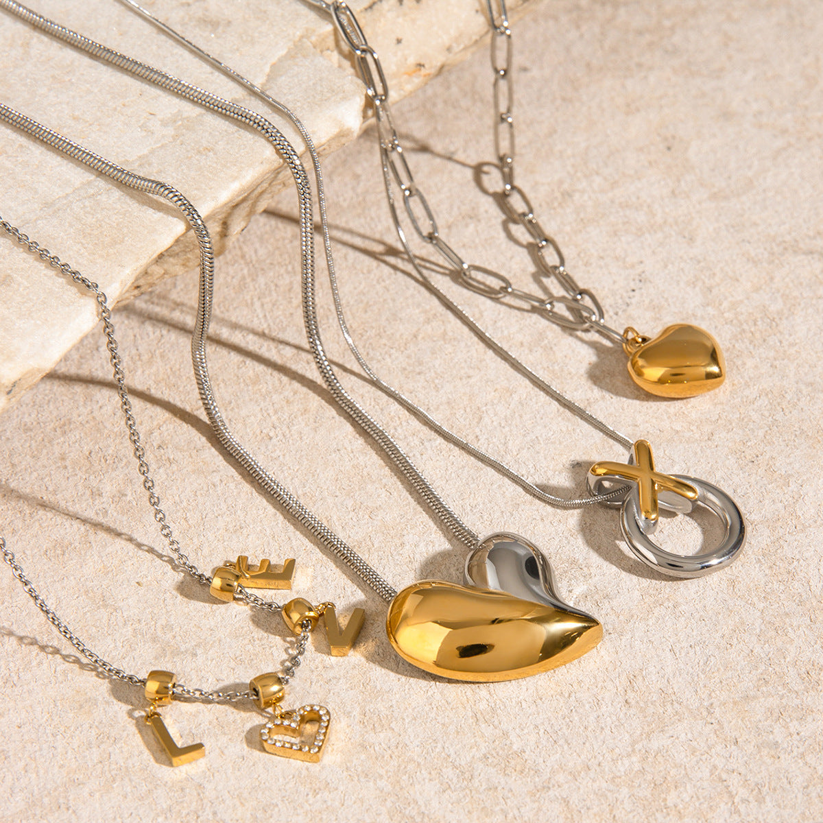 2H Stainless Steel Heart Necklace Choker Color Block Jewelry Collarbone Chain