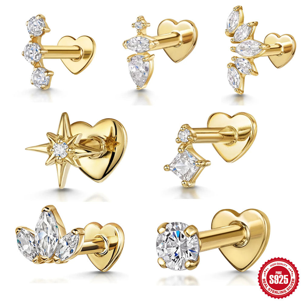 925Sterling Silver Style Inlaid Diamond Octagonal Star Heart Flat Head Soft Bone Piercing Ear Bone Stud New Threaded Earrings
