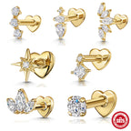 925Sterling Silver Style Inlaid Diamond Octagonal Star Heart Flat Head Soft Bone Piercing Ear Bone Stud New Threaded Earrings