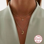 S925 Sterling Silver Dual Layer Cross Moon Necklace With Diamonds