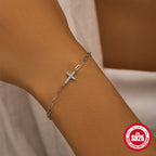 New S925 Sterling Silver Paperclip Zircon Cross Bracelet Korean Style