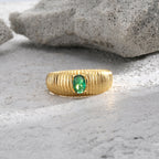R0149 Four-Prong Oval Green Zircon Ring for Women with Unique Design and Bread Pattern