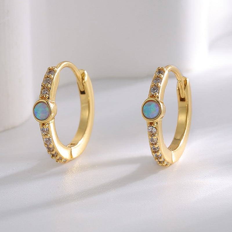 E0521 French Fashion Blue Opal Earrings for Women Single Row Inlaid with Zirconia Minimalist Earrings