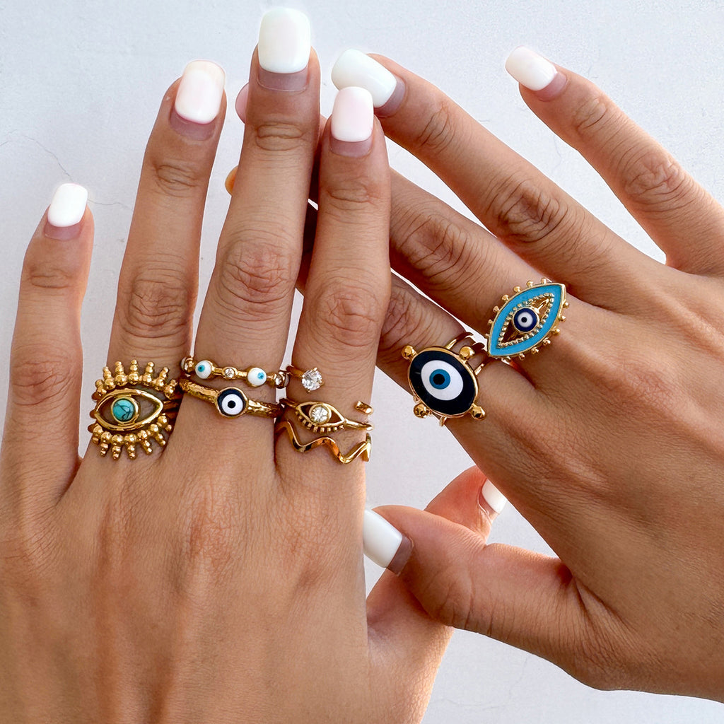 Evil Eye Gold-Tone Stainless Steel Ring in a gold-tone stainless steel finish
