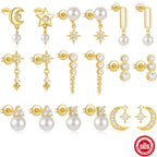 S925Sterling Silver Star Moon Pearl Moonstone Inlaid Diamond Earrings Stud Earrings Hot-Selling Women's Jewelry