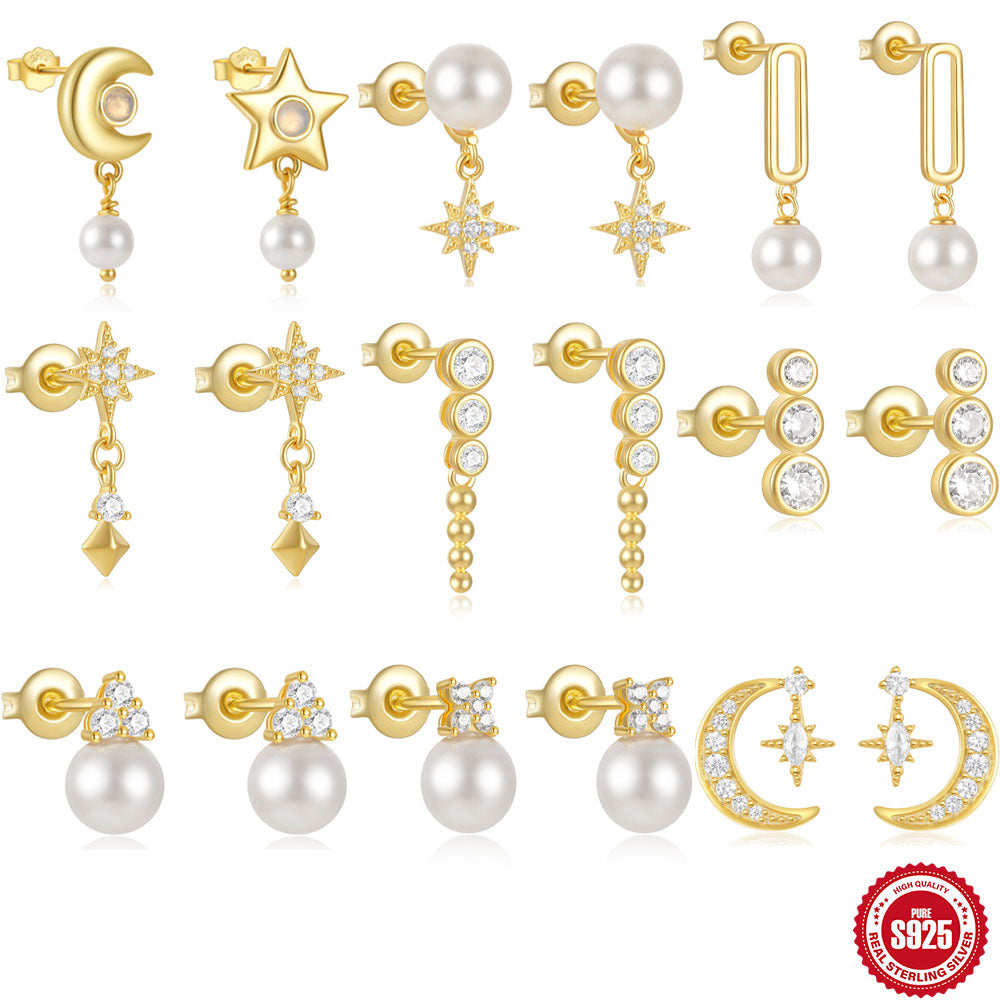 S925Sterling Silver Star Moon Pearl Moonstone Inlaid Diamond Earrings Stud Earrings Hot-Selling Women's Jewelry
