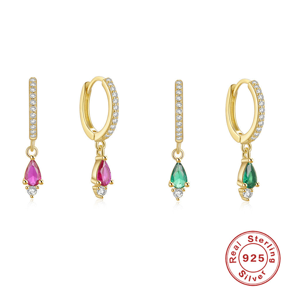 S925Sterling Silver Colorful Water Drop Inlaid Diamond Hoop Earrings Hot-Selling Style Earrings
