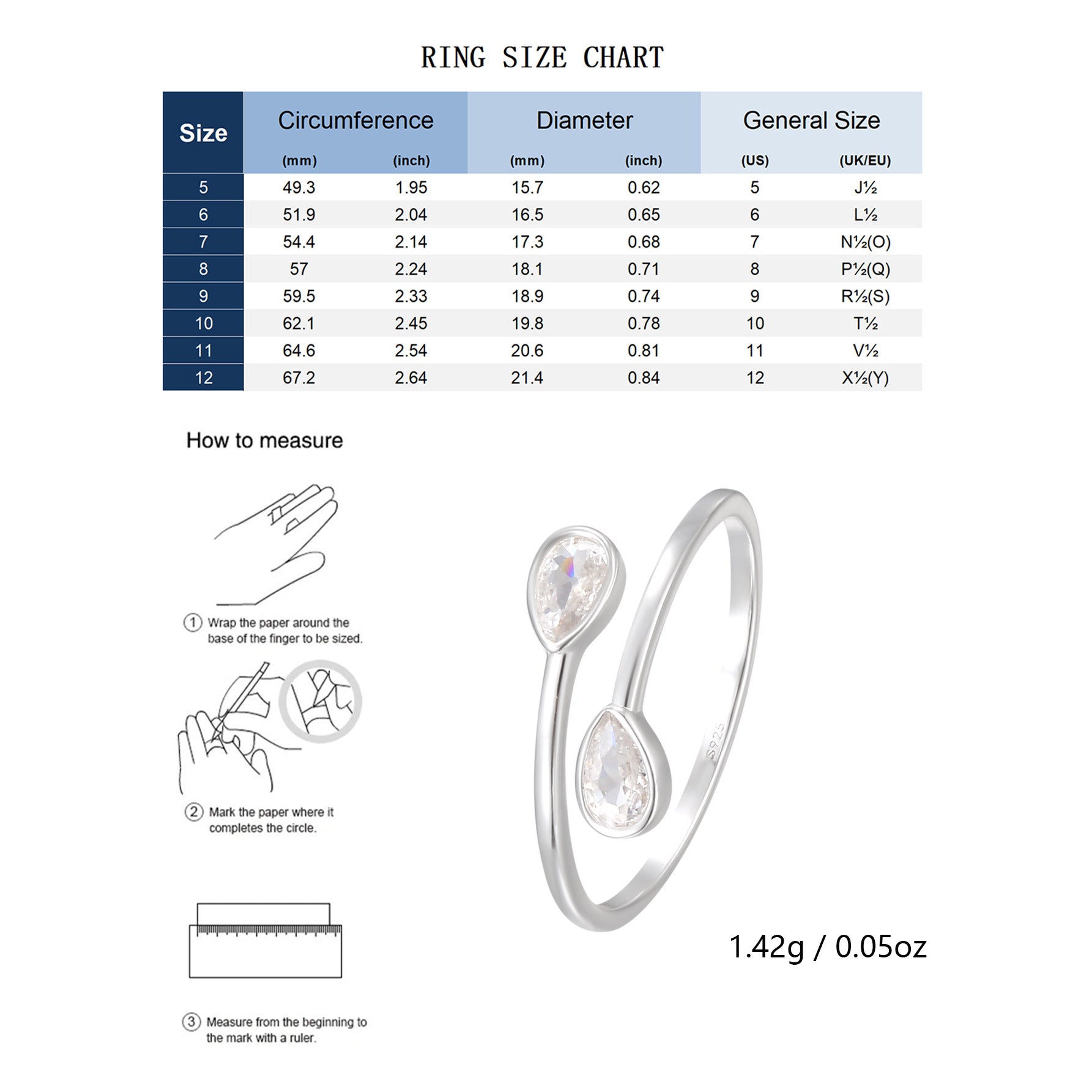 SR0043 S925Silver Water Drop Open Ring Design Minimalist Trendy Fashion