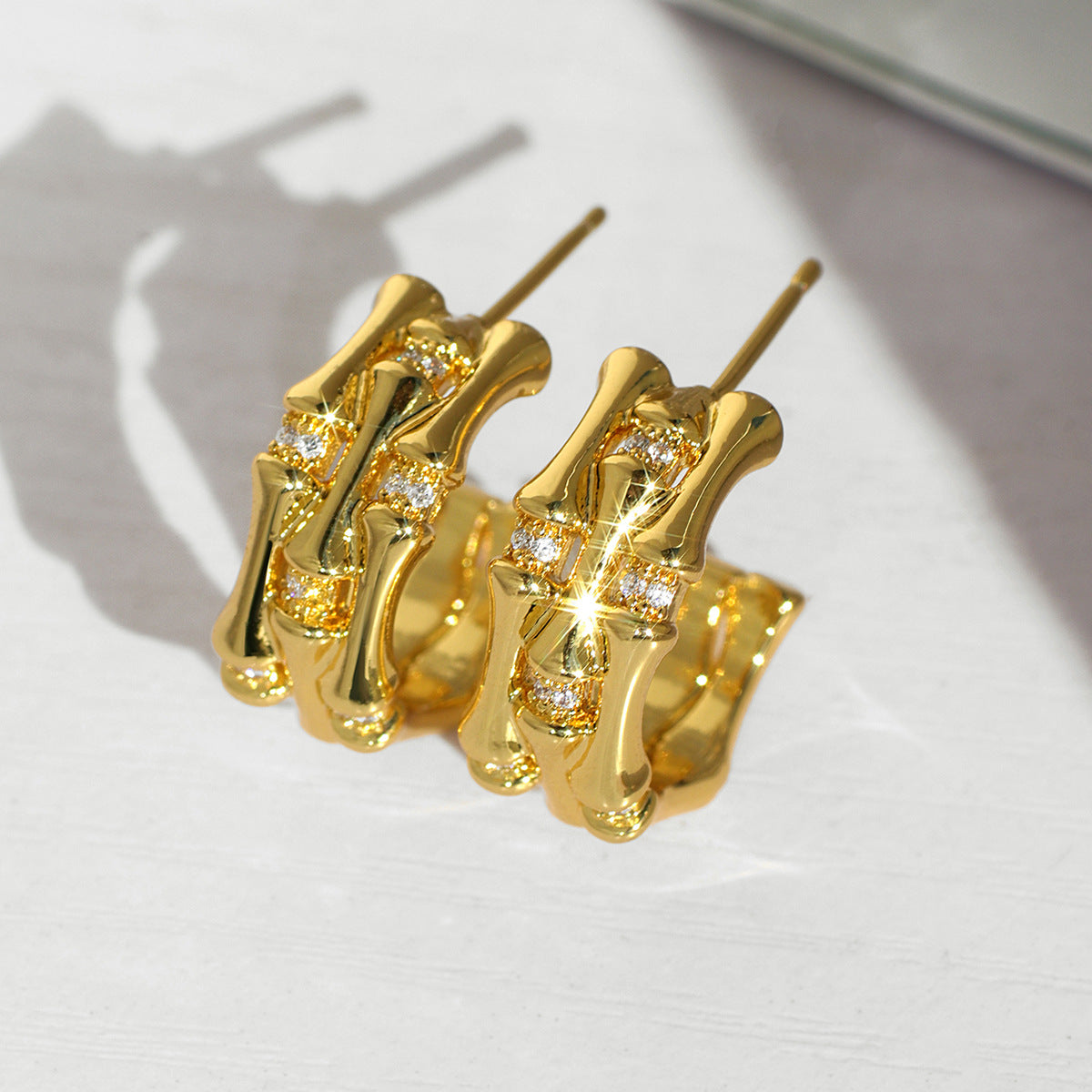 E0850 Bamboo Zircon Earrings Fashionable Elegant Retro Multi-layer Half-round C Shaped Ear Studs