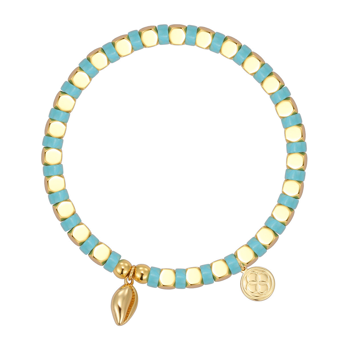 B0253 Bohemian Ocean Conch Copper Plated14k Gold Beaded Turquoise Bracelet