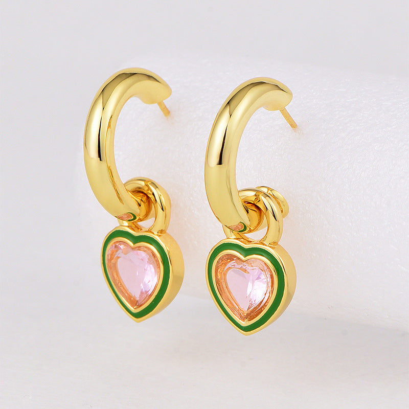 E0631 Fashionable Simple Epoxy Inlaid Heart-Shaped Pink Zircon Earrings for Women