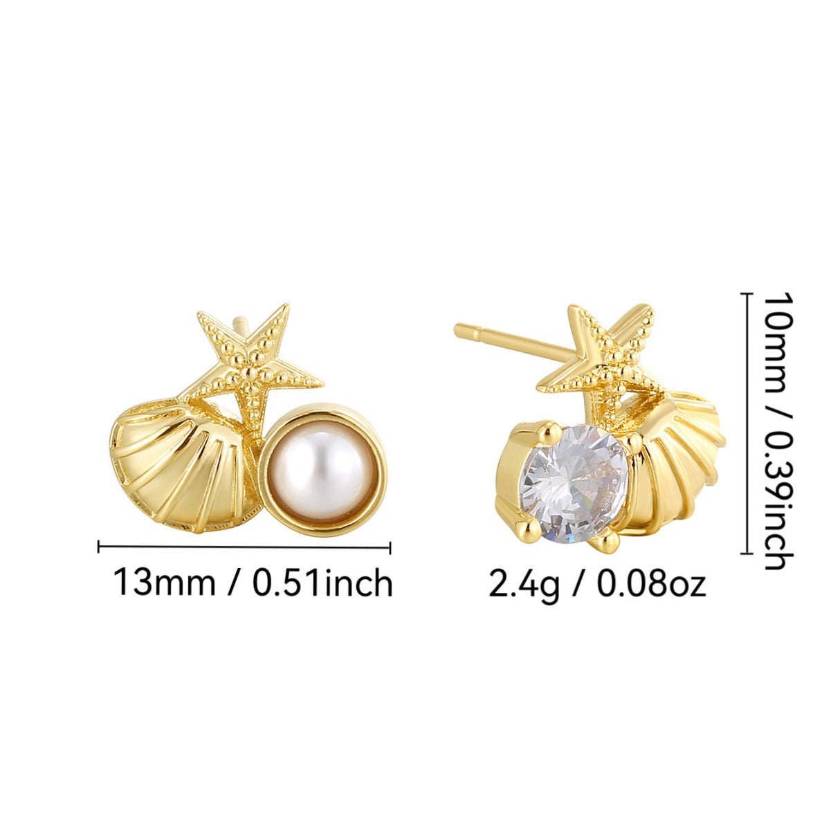 E0767 Fashion Ocean Elements Starfish Shell Earrings for Women Vintage Zircon Inlaid Shell Pearl Earrings