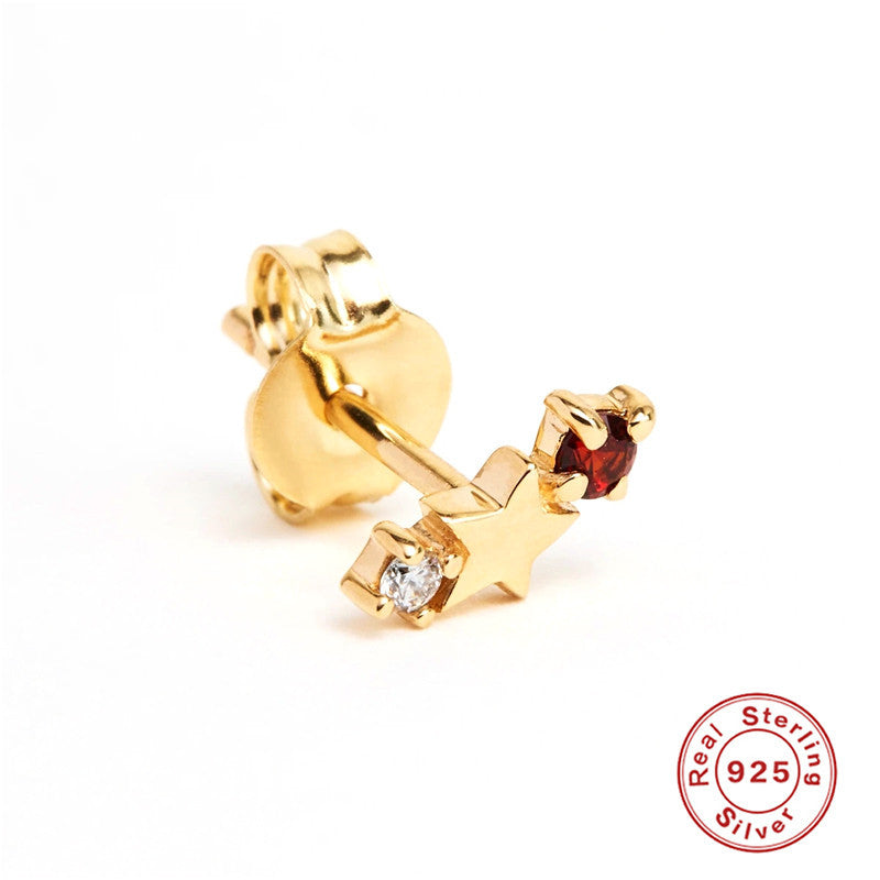 S925Sterling Silver Five-Pointed Star Zodiac Birthstone Inlaid Diamond Stud Earrings Creative Earrings Jewelry