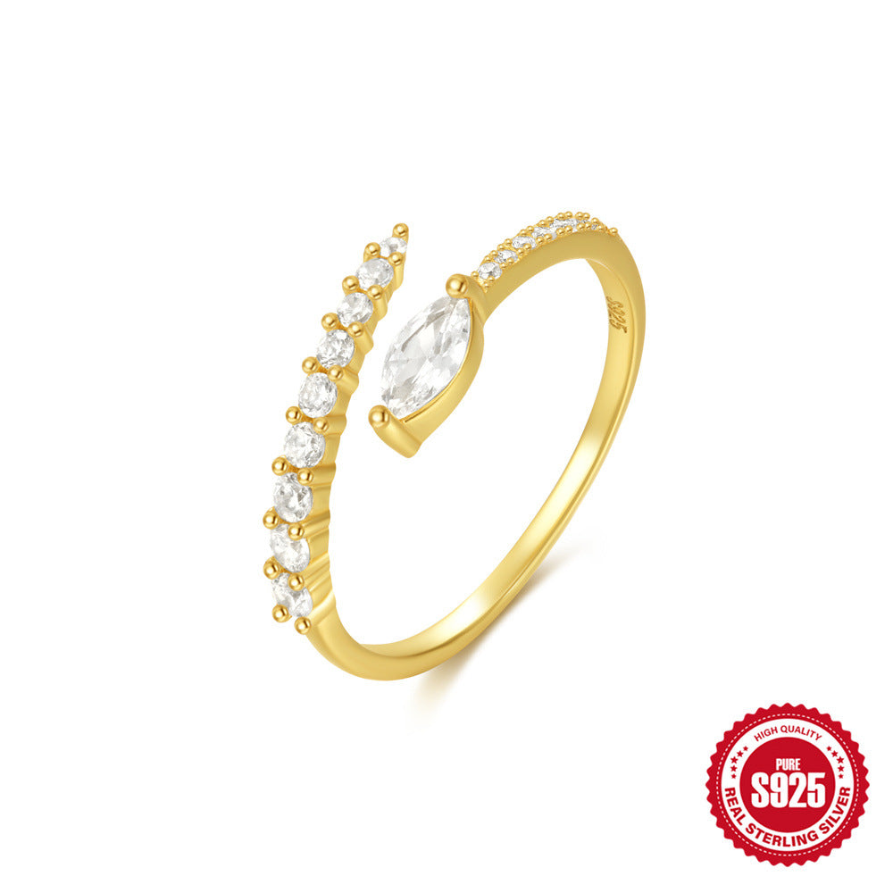 S925Sterling Silver Curved Petal Single Row Diamond Luxury Stacked Open Ring Hot Selling Index Finger Ring