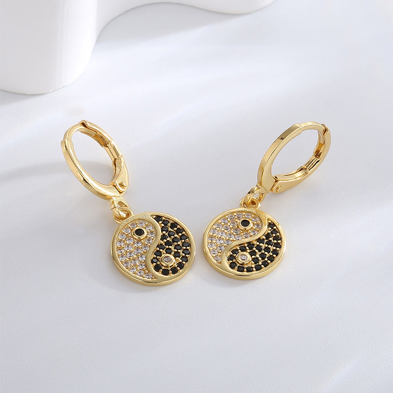 E0528 Chinese Creative Tai Chi National Trend Earrings for Women Retro Inlaid Black and White Zircon Eight Diagrams Earrings