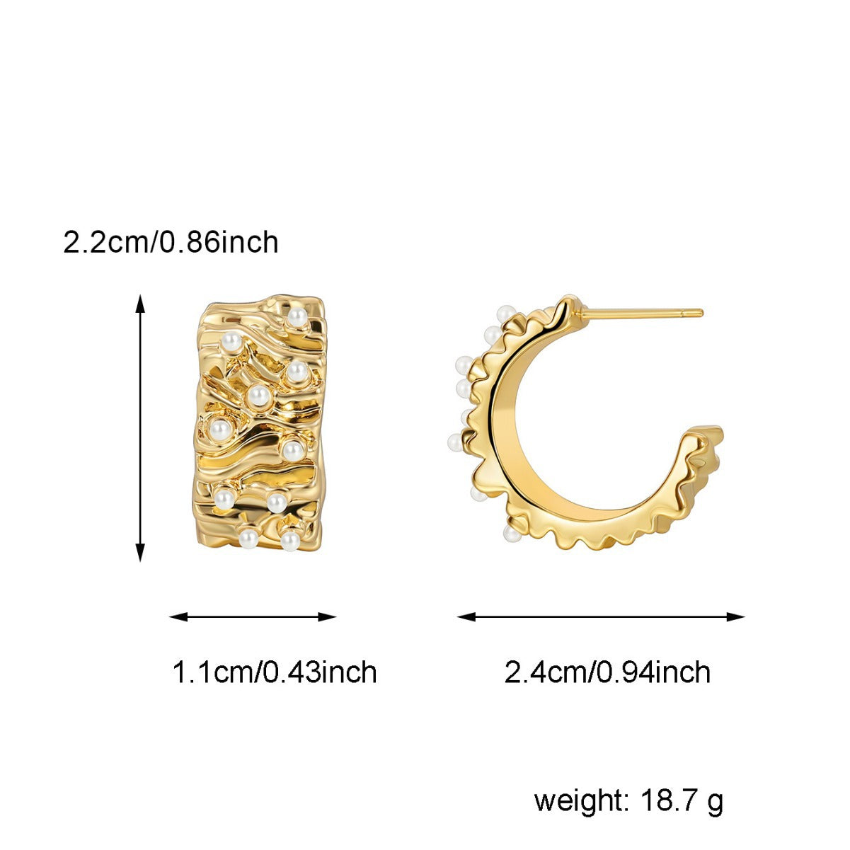 E0551 Fashion Retro Design Irregular Metal Texture Earrings for Women Copper Gold Plated with Pearl Studs