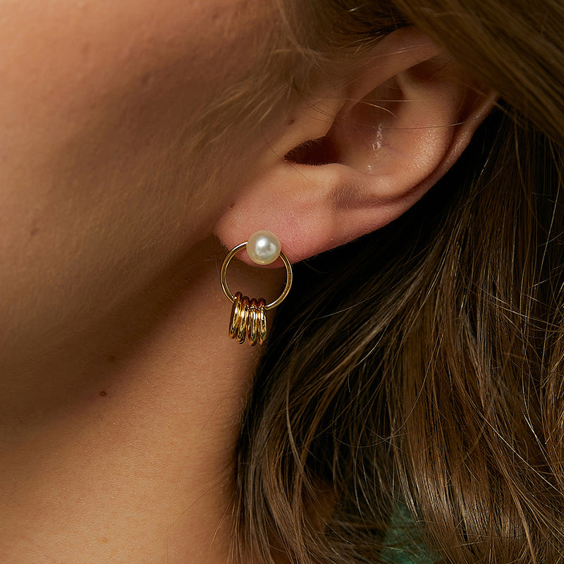 E0373 Pearl Earrings for Women Rotating Circle Shell Pearl Tassel Earrings I Fashionable and Unique Earrings