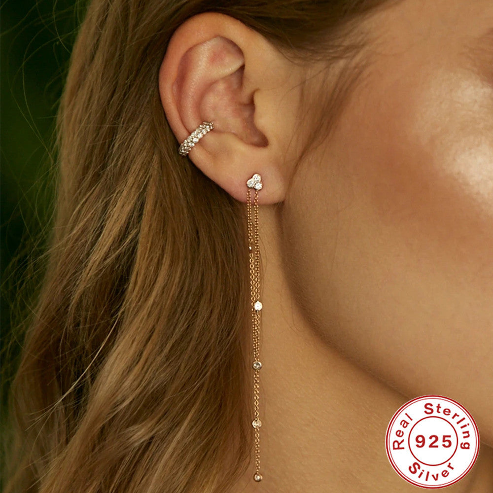 S925Sterling Silver Tassel Inlaid Diamond Mini Pentagram Ear Thread Earrings Korean and Japanese Style Women's Ear Jewelry