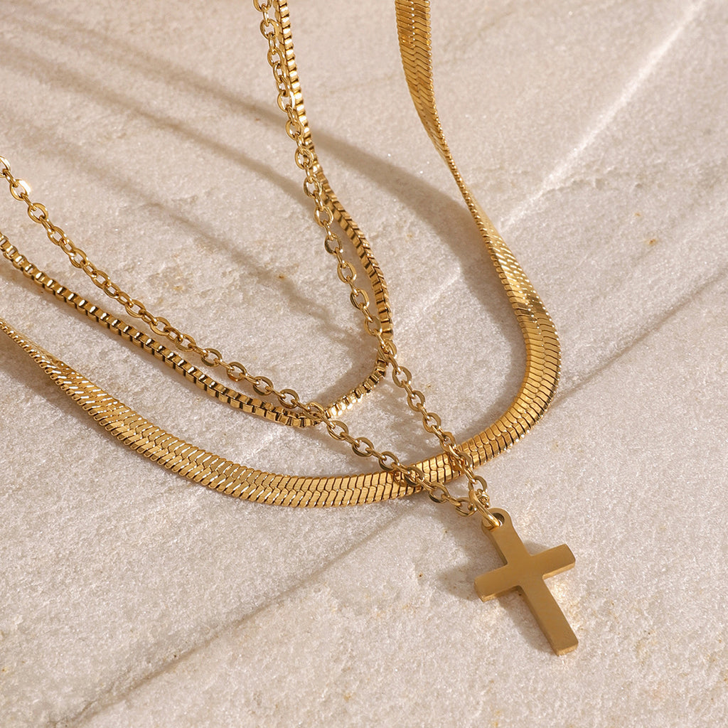 2H Stainless Steel Smooth Three-Layer Cross Pendant Necklace Layered Simple Collarbone Chain Jewelry