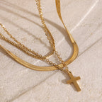 2H Stainless Steel Smooth Three-Layer Cross Pendant Necklace Layered Simple Collarbone Chain Jewelry