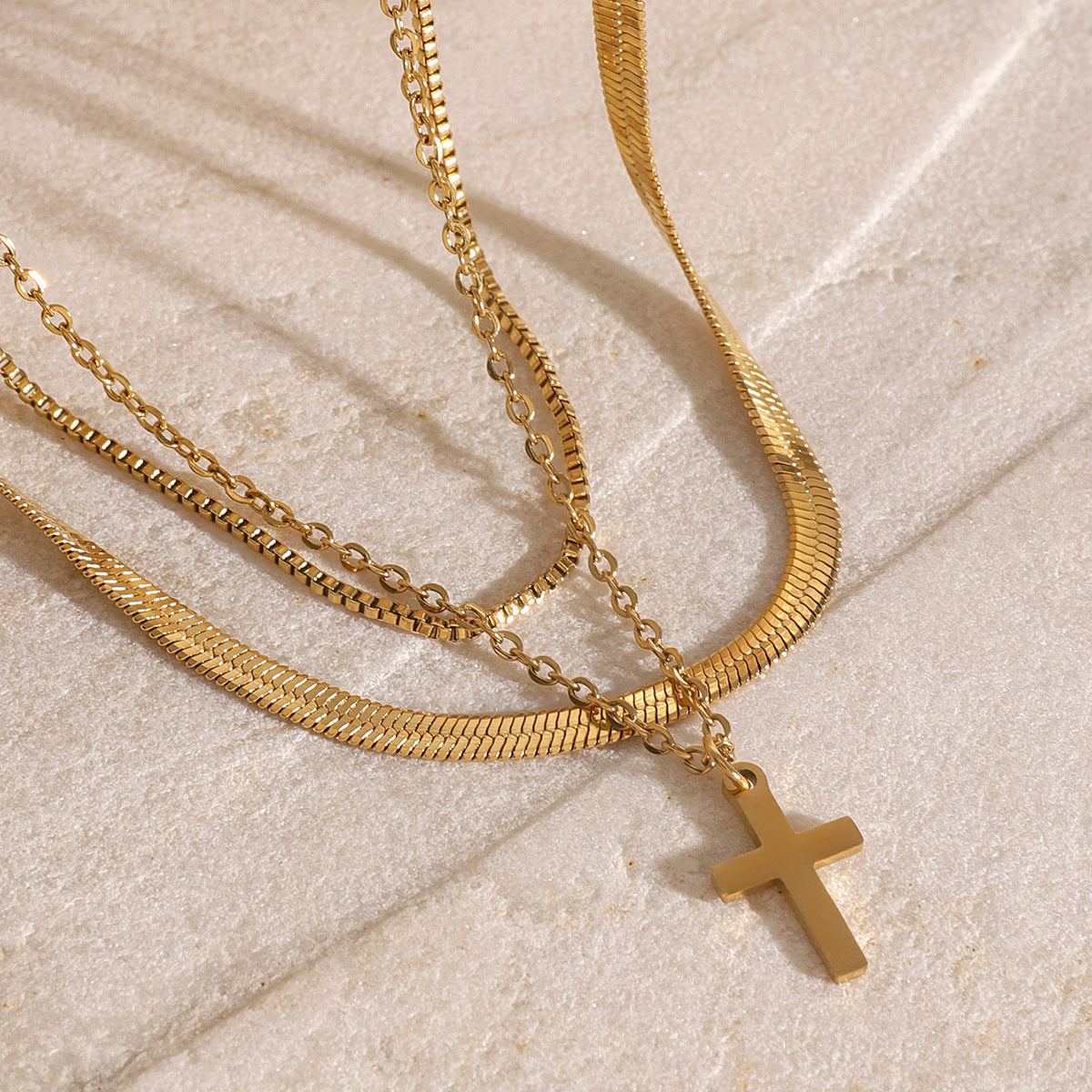 2H Stainless Steel Smooth Three-Layer Cross Pendant Necklace Layered Simple Collarbone Chain Jewelry