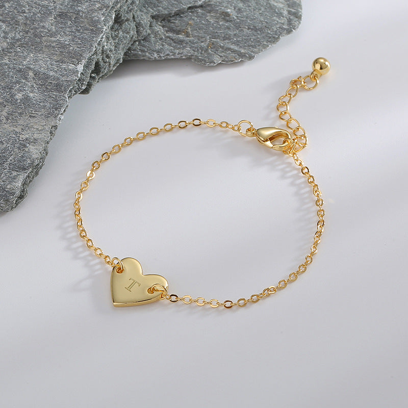 B0182  Korean Version Fashion Simple Heart-shaped Bracelet for Women gold Love Heart26Minimalist Letter Style