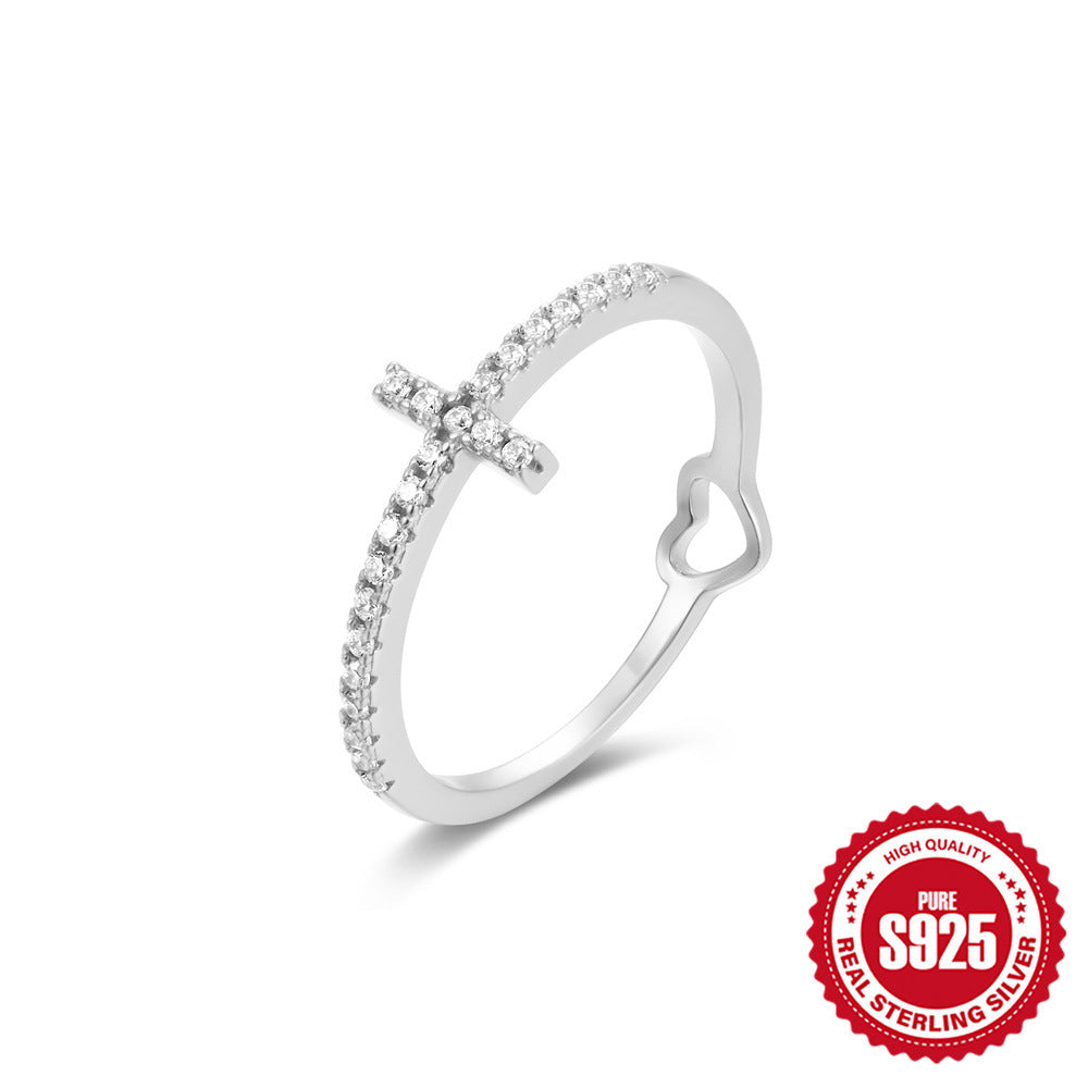 925Sterling Silver Heart-Shaped Diamond-Studded Index Finger Ring Korean and Japanese Style New Cross Wave Zircon Ring