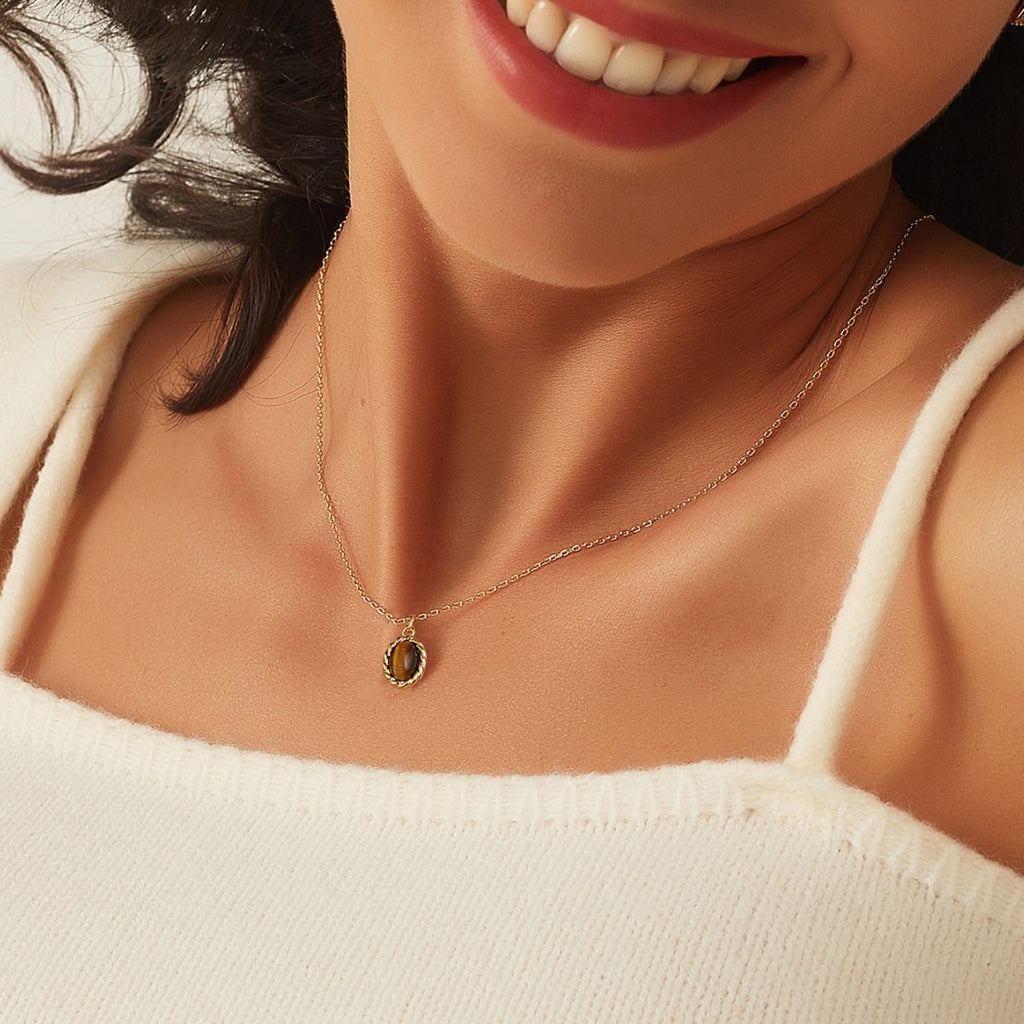 N0015 Copper18K Gold-Plated Oval Tiger Eye Stone Pendant Necklace for Women Vintage Versatile Design Necklace