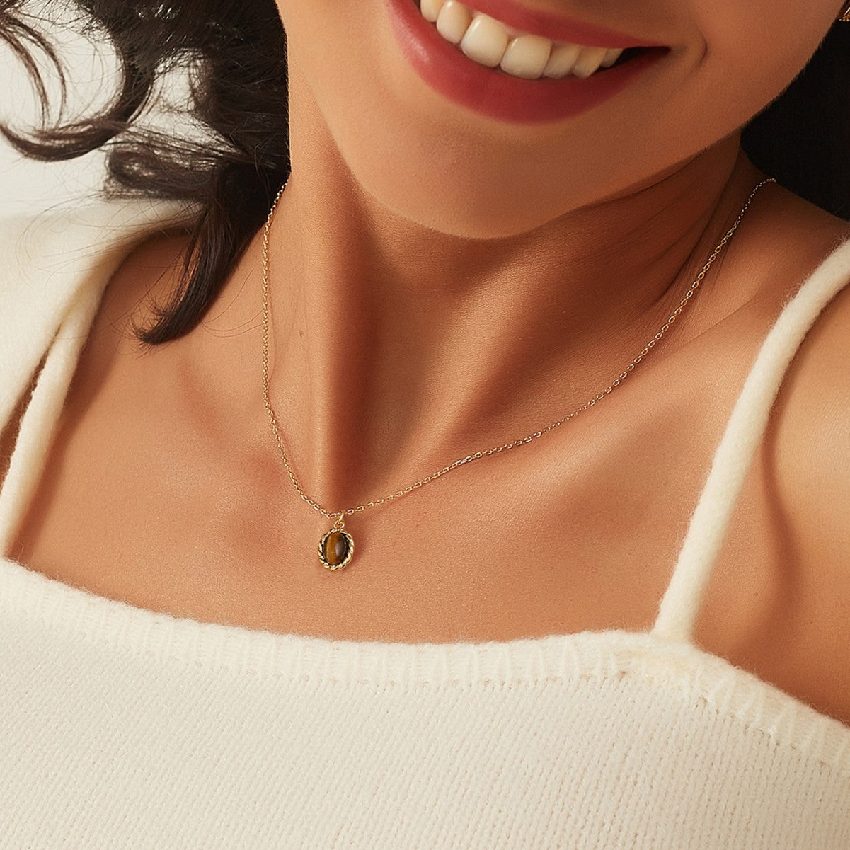 N0015 Copper18K Gold-Plated Oval Tiger Eye Stone Pendant Necklace for Women Vintage Versatile Design Necklace