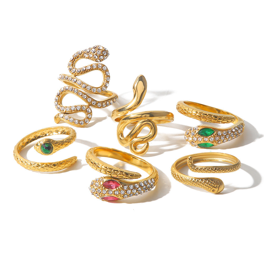 2H High-Quality Vintage Style Open Ring with Diamond Snake Shape for Women, Versatile Ring