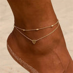 2H New Anklet18K Gold Heart Pendant Oval Bead Chain Double Layer Anklet Women's Foot Jewelry