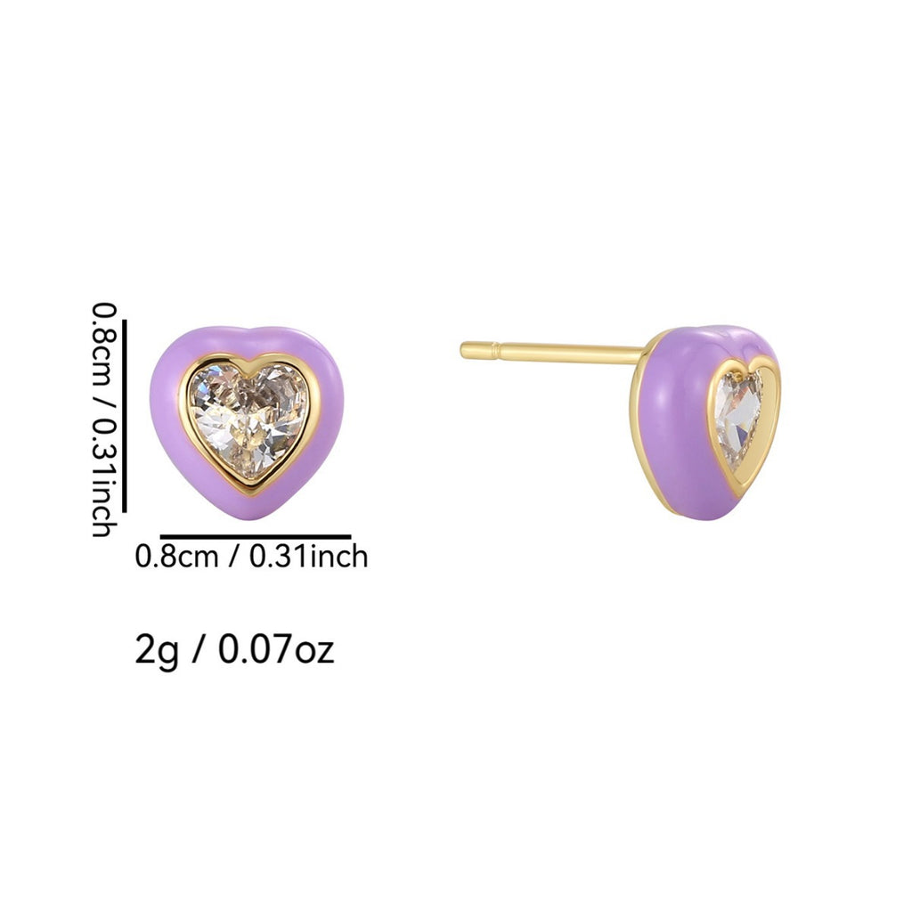 E0770 Cute Dopamine Jewelry Heart-shaped Earrings for Women Purple Resin Inlaid Heart Zircon Earrings