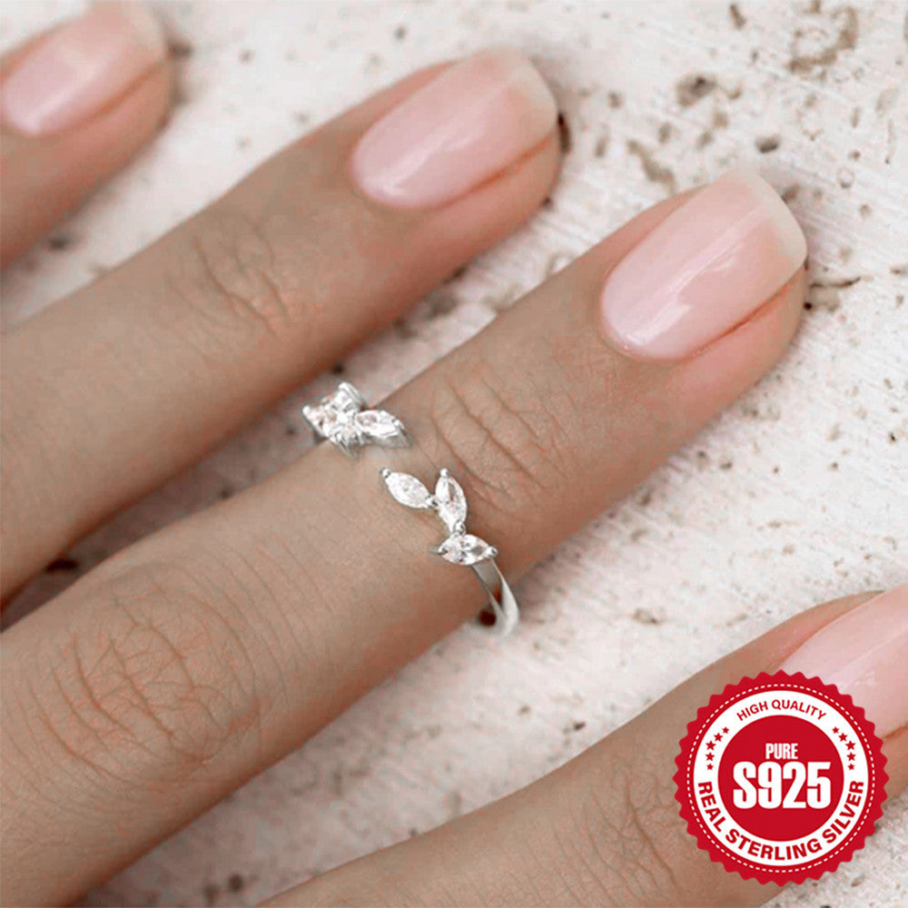 New S925Sterling Silver Leaf Open Ring for Women with Small Zircon, Trendy Fashion Adjustable Open Ring for Index Finger